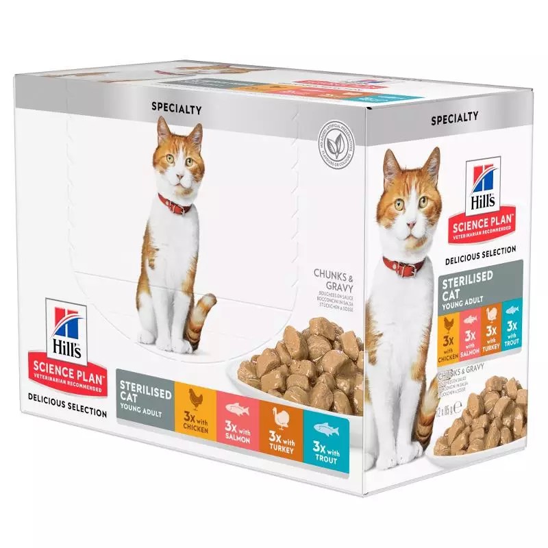 Hills SP Feline Sterilised Pollo, Salmón, Pavo, Trucha 12x85 gr
