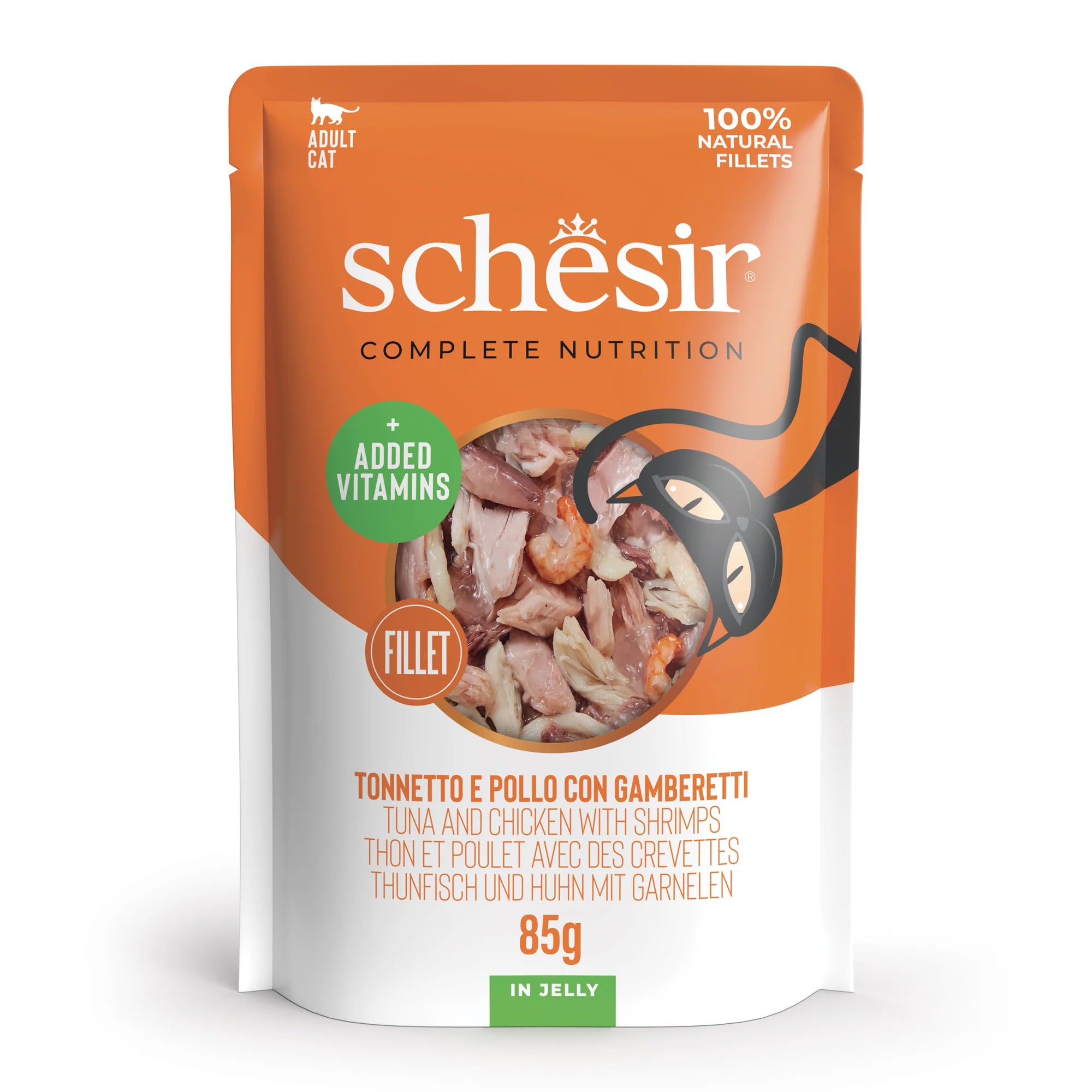 SCHESIR Gato Atún con Pollo y Gambas en Gelatina 85 gr bolsita